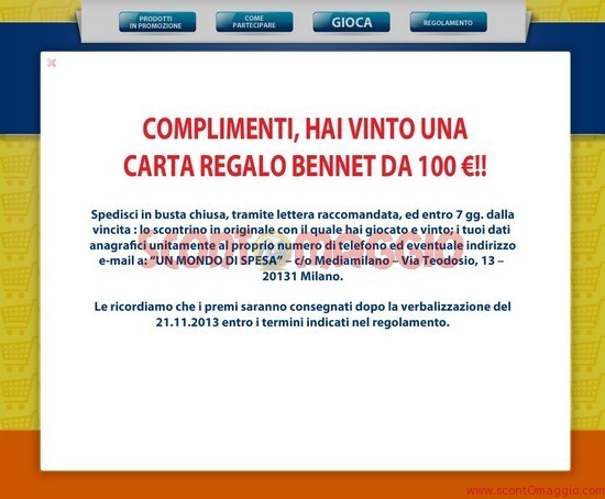 scontOmaggio vince ancora: buono spesa da 100 euro! bennet 100 euro