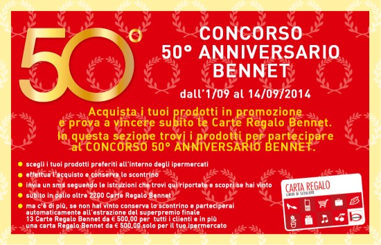 Concorso Bennet 50° anniversario: 2.200 buoni spesa da vincere concorsi bennet