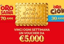 Concorso Oro Saiwa Anniversario, vinci ogni settimana 5.000€ in gift card